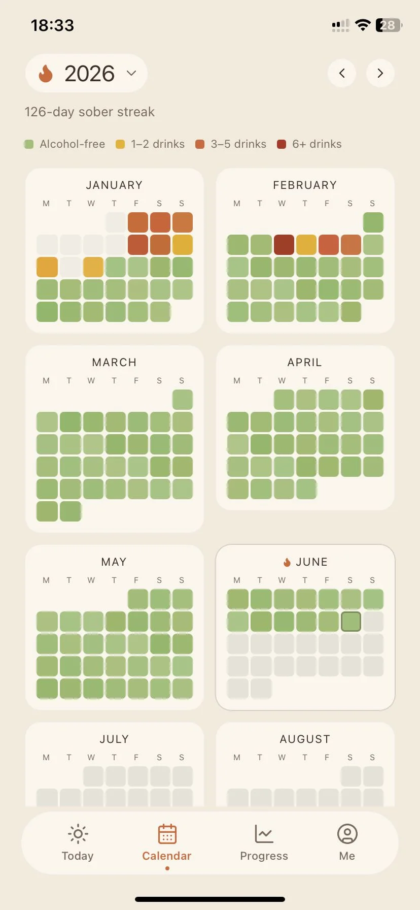 The Sober Tracker by Embr year calendar showing a 126-day sober streak as a grid of green alcohol-free days