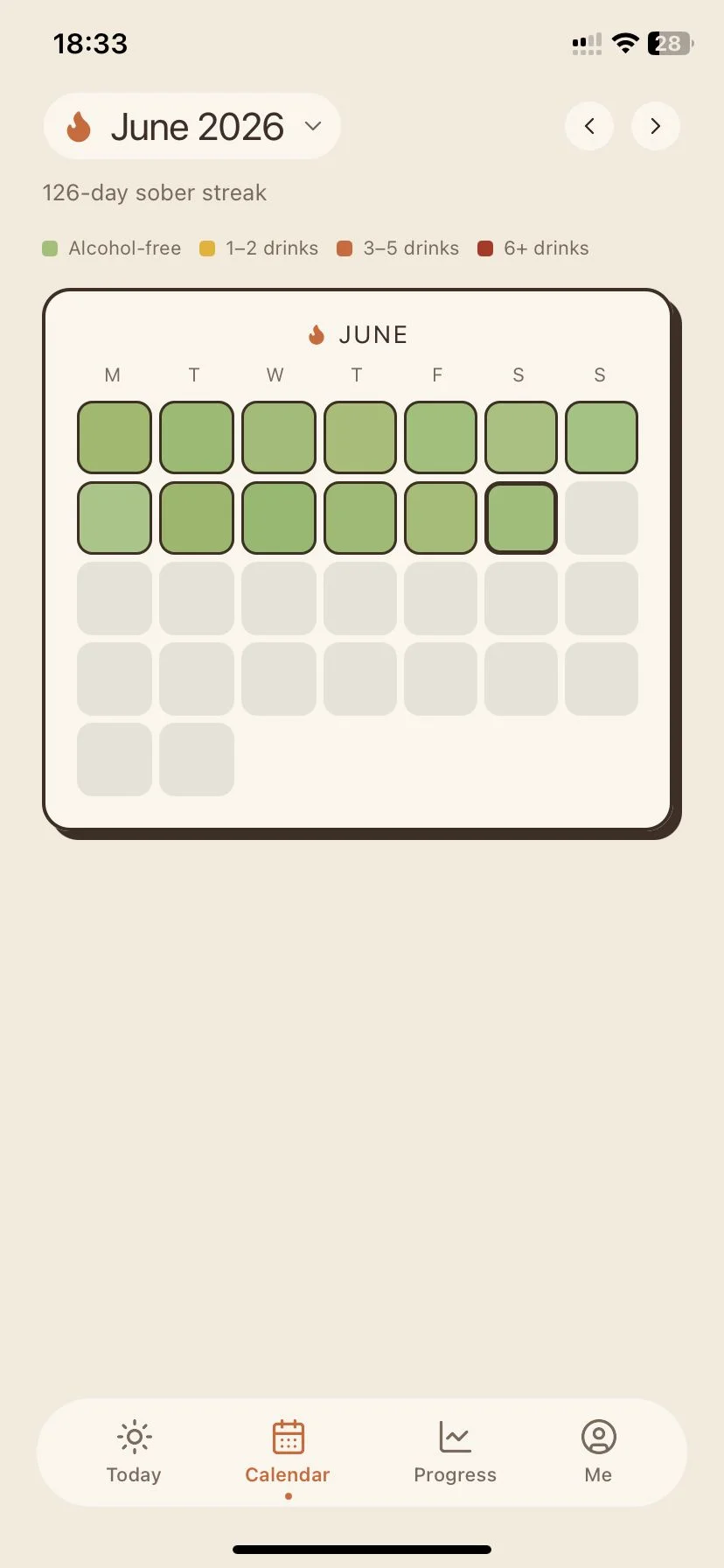 The Sober Tracker by Embr month view for June 2026 showing each day's drinking status