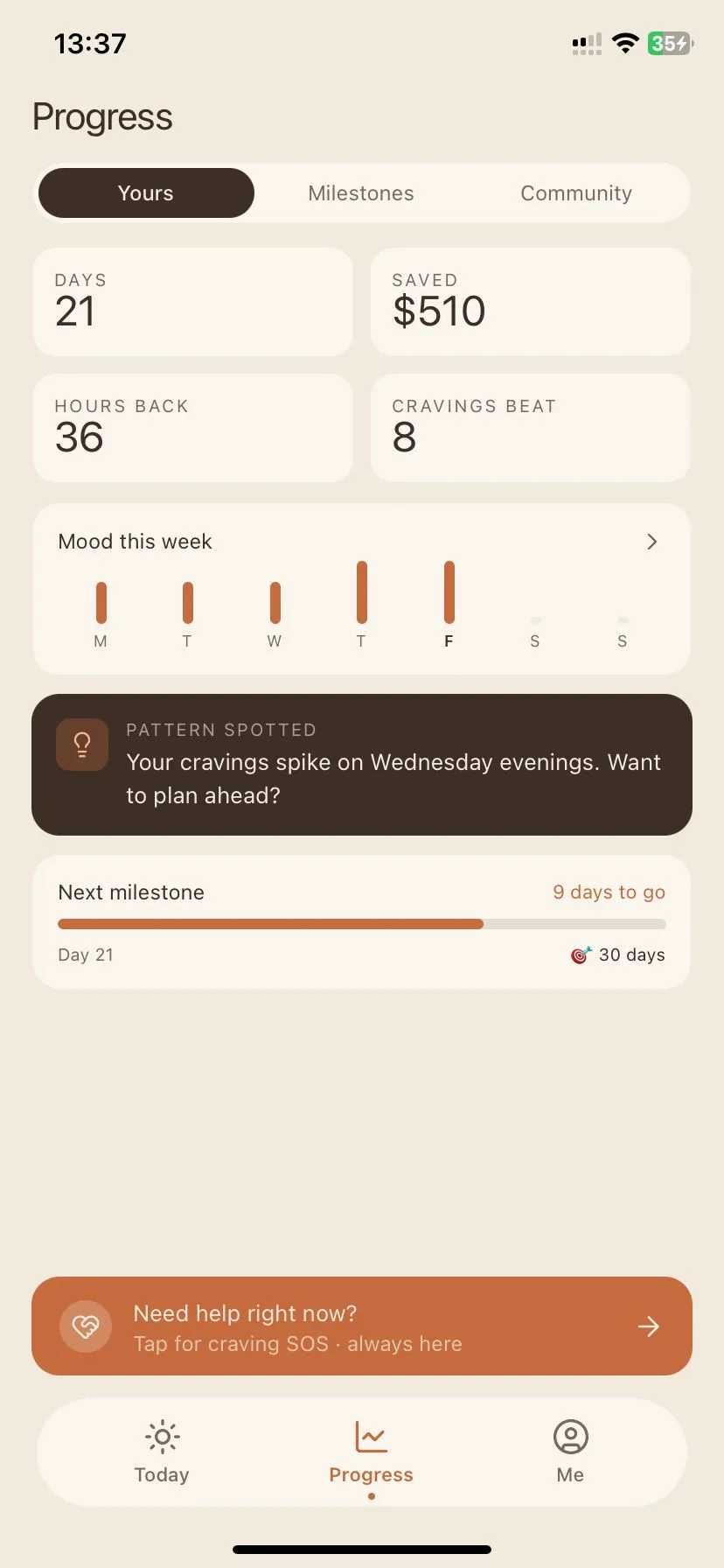 The Sober Tracker by Embr Progress screen showing days, savings, mood patterns, and a pattern-spotted insight