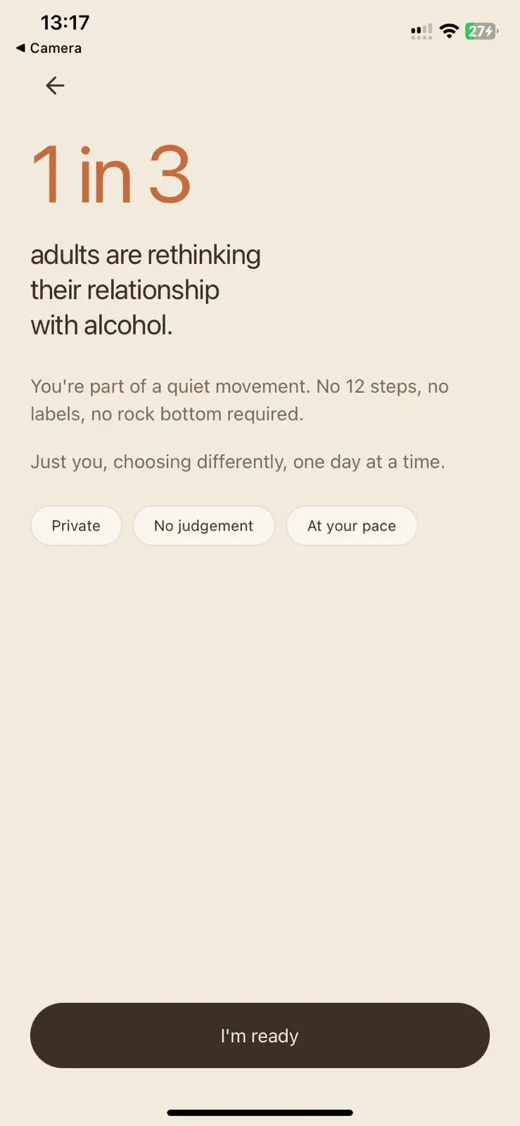 An onboarding screen explaining that 1 in 3 adults are rethinking their relationship with alcohol